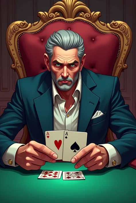 Make me a man of European descent who is sitting at a table and holding 3 poker cards , cool make it more cartoonish and aestetic 