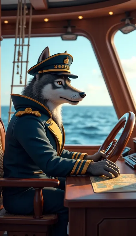 "Create a 3D realistic scene of a humanoid wolf captain inside a ships control room. The wolf is dressed in a crisp captains uniform, complete with a captains hat, sitting confidently at the helm of the ship. His hands grip the steering wheel firmly, and h...