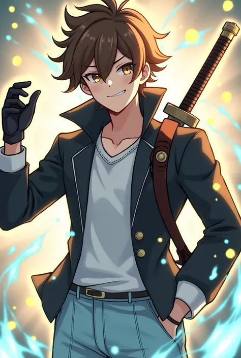 Fantasy anime character with a confident, mischievous smileHair: Tousled, voluminous brown hair with a slightly messy and carefree look.
Face: A confident smirk on the face, exuding self-assurance and a touch of arrogance.
Jacket: A modern black jacket wit...