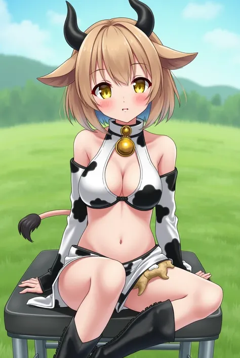  cow cosplay on the grass　anime　Black Ear　Black Horn　Yellow Eyes　 light brown hair 　 bob hair　 gym sitting 　collar and bell 　 boots　 out of your belly button　No hat　Shoulder Bare