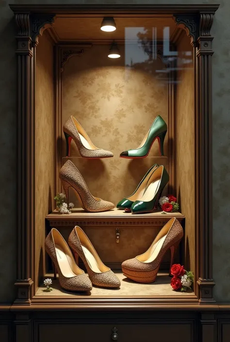 Create a shop window for shoes . The shop window must look as if it were from the art era of Realism.  Do it the size of a shoe box. 