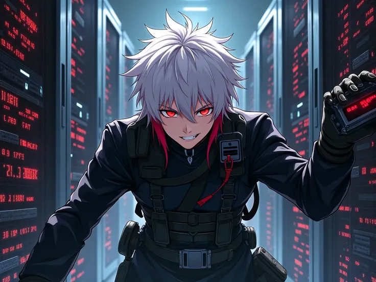   Kaedehara Kazuha (man)   anime drawings   ,  white hair ,   Strand of red Hair below  ,  bright red eyes,  with black tactical clothing ,  in a server room, extracting hard drives 