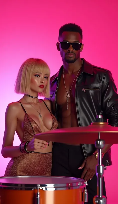  male and female couples。 Blonde Short Fair Asian Girl 。 black man wearing sunglasses short sunglasses。Leather jacket。  black shorts。pink background。Drum set。Female Singer。Male drummer 。 is cool