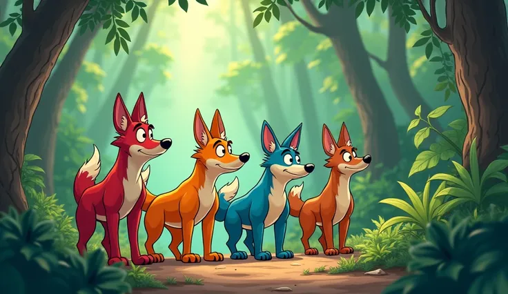  the cartoon pack of different colours of four wild dogs hesitate and amazed
in the jungle from distance 

