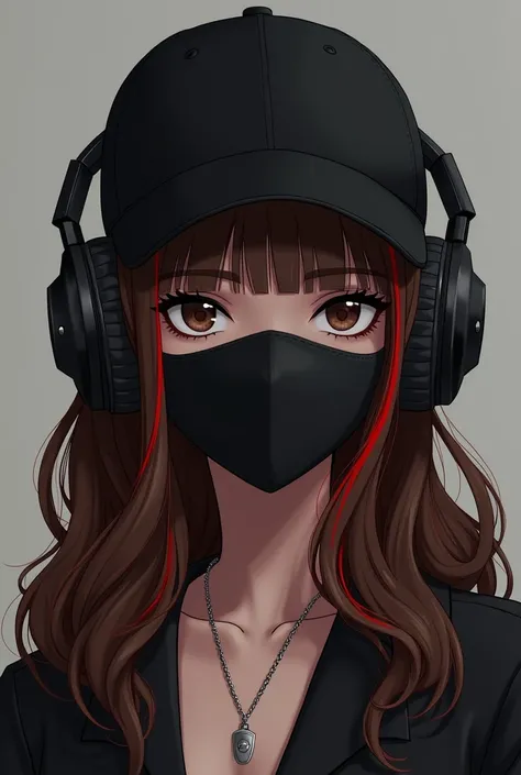 brunette girl brown eyes long wavy brown hair with red streaks wearing black mask black baseball cap black headphones with silver chain