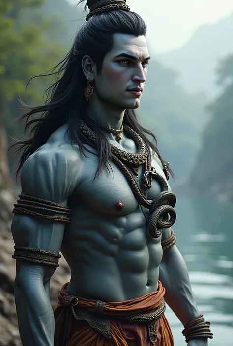 A hyper-realistic depiction of Lord Shiva in a powerful and majestic form, wearing traditional attire. His muscular body is highly detailed, with visible veins on his skin. He has sleek, flowing hair and a dangerous-looking snake coiled around his neck. Hi...