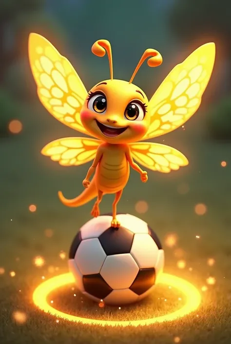 Playful golden dragonfly 2D illustration with a smiling expression, vibrant glowing wings, and a soccer ball beneath, encased in a glowing gold ring --ar 16:9