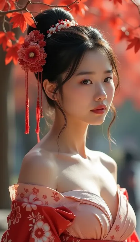 1,Japans most beautiful girl in ancient Japan, wearing an off-shoulder top kimono,Slim figure ,Big Breasts,White and beautiful skin,I Can See My Bust Masterpiece ,  anatomically correct,  Ultra High Definition,  textured skin,  top quality, The background ...