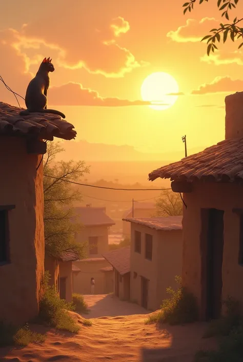 00:00 – Wide shot of the village at sunrise. Golden sunlight washes over the mud-brick homes, casting long shadows. A cat sits on the rooftop, calmly observing the landscape.
