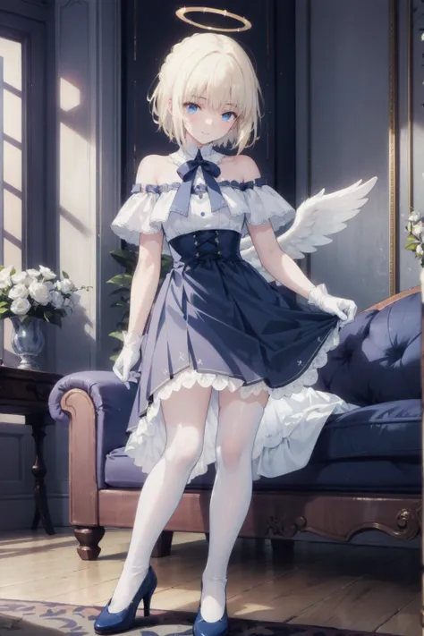  very detailed ,   masterpiece  ,     is the best quality  , ,     soft smile , Smile gently,  living room， blue eyes ,   long hair , blond,  bangs, Halo， blue and white off-the-shoulder pleated skirt，white lace socks 、Blue high heels、White gloves、Angel Wi...