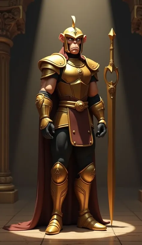 create a 3D animated cartoon character similar to the film Saint Seiya, a man with a well-built body, with a brown t-shirt and black trousers wrapped in gold armor complete with a helmet covering his head, like Saint Seiya, make a motif on the helmet like ...