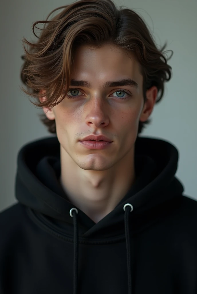 A 20 year old man with light brown hair and with dark blue eyes wearing black hoodie