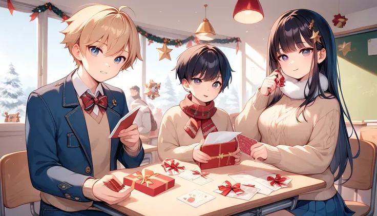 Classroom Scene: Snow falls through the window and ,  The interior of the classroom is decorated in a warm Christmas atmosphere {x}, which gives a warm and cool feeling at the same time. Character: Main Character A (boy): Short black hair with slightly mes...