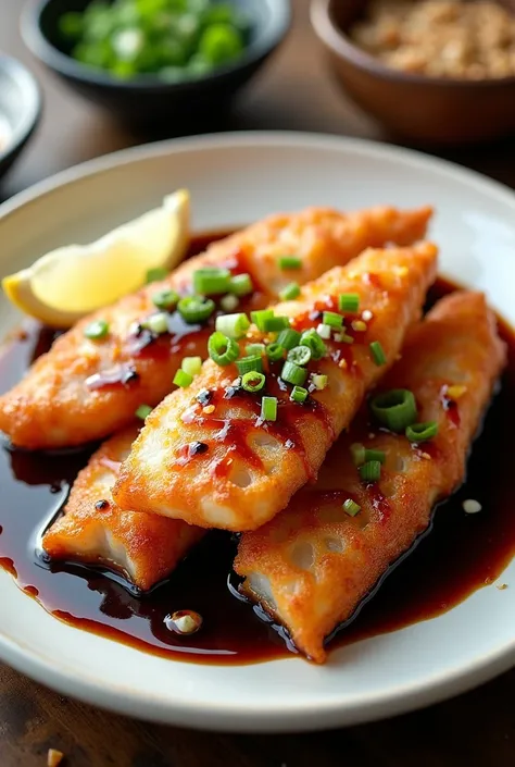 fried fish with dark soy sauces topping