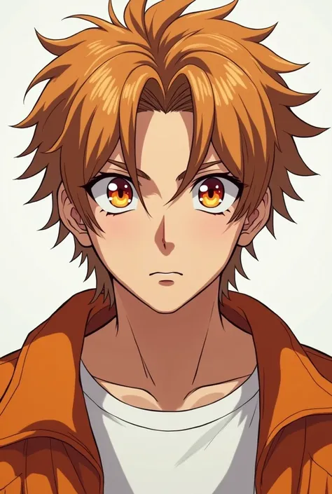 A very handsome, 20 years old college student, wearing a white tshirt with a orange jacket, very very light orangish brown hair, male, masculine, slightly muscular, odd eyed (one dark red, the other light yellow) annoyed face, sharp eyes, anime male