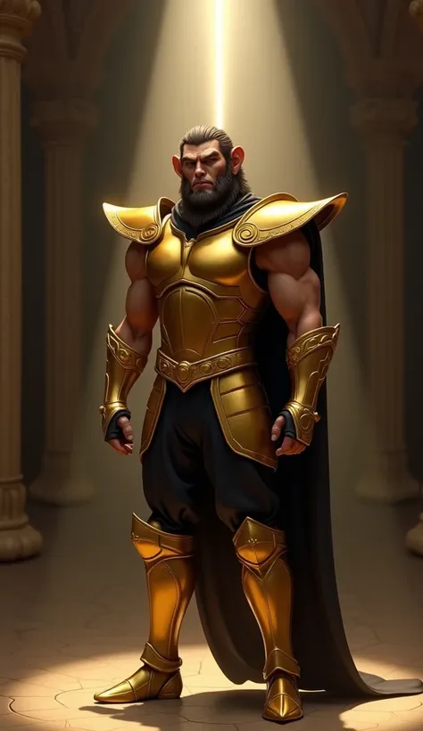 create a 3D animated cartoon character similar to the film Saint Seiya, a man with a well-built body, with a brown t-shirt and black trousers wrapped in gold armor complete with a helmet covering his head, like Saint Seiya, make a motif on the helmet like ...