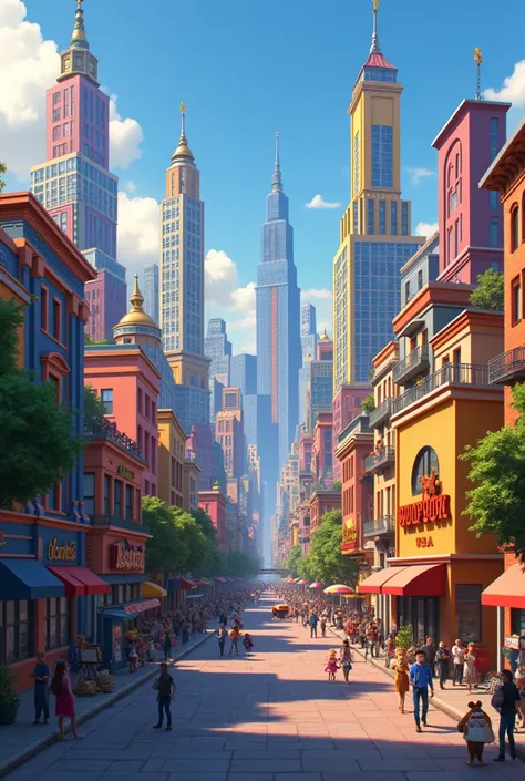 Create a background image of a city in an animated zootopia where the building is a relief image that looks like ITC letters.