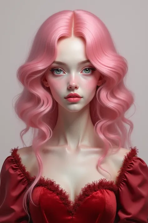  girl, wearing red velvet dress, symmetrical face, pink hair