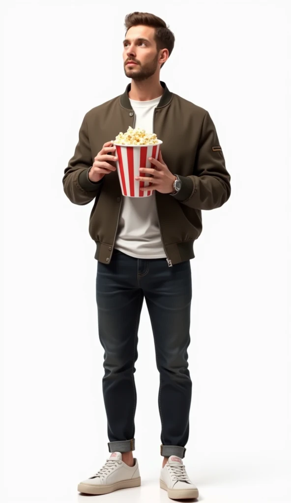 ( top quality,  Masterpiece  :1.3, super high resolution,),( Ultra Details , caustics ),(Photorealistic 4k）A man in a casual bomber jacket over a plain t-shirt, dark jeans, and white sneakers, holding a bucket of popcorn.white back ground.