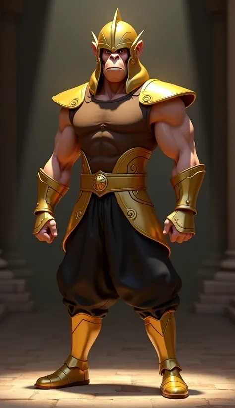 create a 3D animated cartoon character similar to the film Saint Seiya, a man with a well-built body, with a brown t-shirt and black trousers wrapped in gold armor complete with a helmet covering his head, like Saint Seiya, make a motif on the helmet like ...