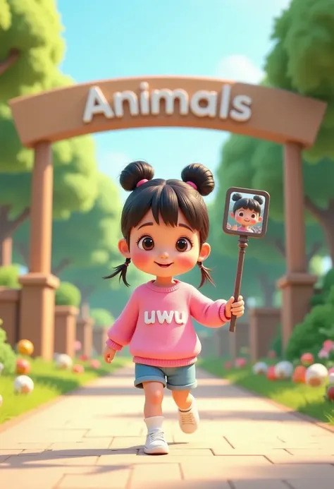 ((front views)) 3D animation with vibrant color palette, a girl, cute and adorable with her hair into two buns on top and bangs, beautiful cute girl, cheeks flushed, wearing a pink sweater with "uwu" printed on the front with white color, blue shorts, walk...