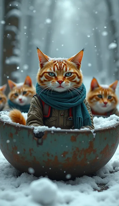  A hardworking cat is working at a courier ， and the snow suddenly starts  ，The cat cries loudly  ，  with tears in her eyes  ， Sit on your knees ， Put cats and wolves in a broken bowl ， Other cats use money to help with labor Cats  ， actual ， detailed， is ...