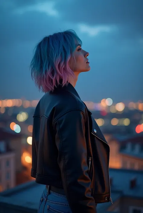 beautiful croatian woman with asymmetrical gradient blue and pink hair and green eyes, wearing black leather jacket and torn jeans, looking at the night sky on top of the building, back shot, full body picture, epic character composition, sharp focus, natu...