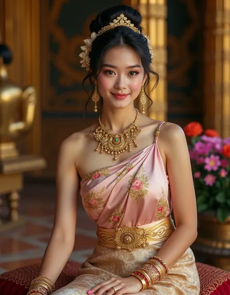 EmpressofAyodhaya,detail dress ,A serene Thai woman dressed in pastel pink silk wrap top and a golden brocade skirt, adorned with delicate floral patterns. Her hair is styled in an elaborate high bun decorated with gold accessories, complemented by intrica...