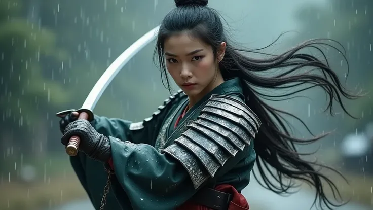 A stunning Chinese female warrior in intricate armor, gracefully dancing in the rain with a katana in hand. Her serious gaze reflects determination, while the rain enhances the serene and powerful atmosphere of the moment."