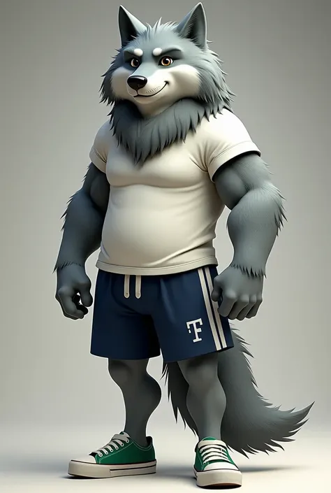 Mythological and imposing animated wolf  ( is my school mascot )  that the wolf is gray ,  that wears green sneakers with white ,  look normal at the same time a navy blue short with small white stripes and a white t-shirt with a little gray,  that doesnt ...