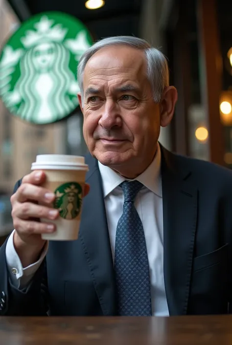 Netanyahu drinking starbuck