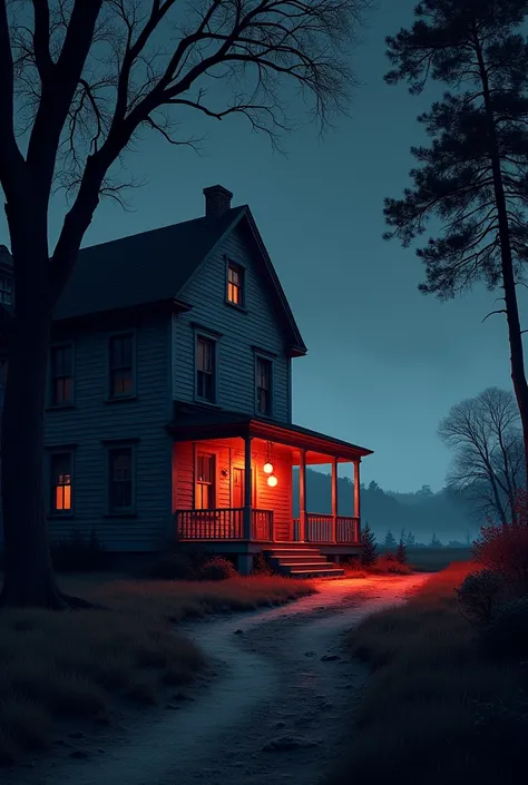 "A realistic nighttime scene showing a large house from a side angle, with a glowing red bulb mounted near the entrance. The bulb emits a soft, warm light resembling sunset hues, casting an orange-red glow along the side wall of the house and onto the grou...