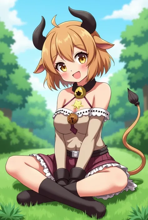  cow cosplay on the grass　anime　Black Ear　Black Horn　Yellow Eyes　 light brown hair 　 bob hair　Cross-legged　collar and bell 　 boots　 out of your belly button　No hat　Shoulder Bare　 skirt