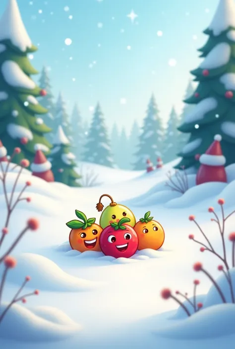 a christmas themed snowy background ( cartoonish )which is faded from center and slightly sharp from edges with cartoonish  fruits in the center like a cartoonish fruit merging game 
