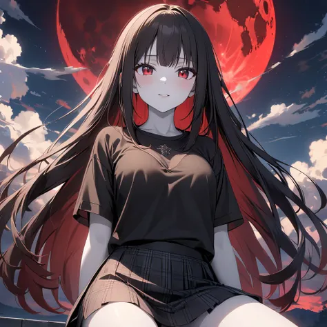 one girl, alone, ((long straight hair with black, no bangs)), white skin, sexy face, sky, black shirts(a see-through shirt), black check short skirt, starry, cloud, 4k, red eyes, red moon, black hair, sexy top