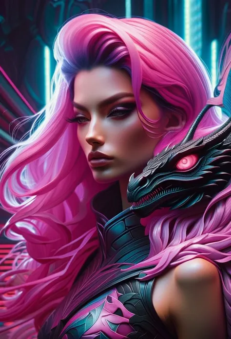 Cyberpunk l close up pink haired female with a black dragon next to her, portrait, clear sharp focus, featuring a dark and eerie atmosphere hyper realistic, 8K professional photography art, photorealistic masterpiece: by aaron horkey and jeremy mann: intri...