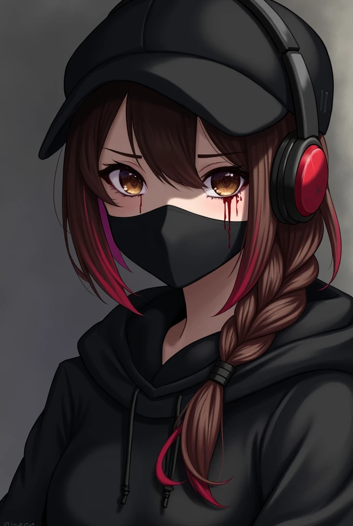 brunette girl brown eyes single braid brown hair with red streaks wearing black mask black baseball cap black headphones bloody tears 