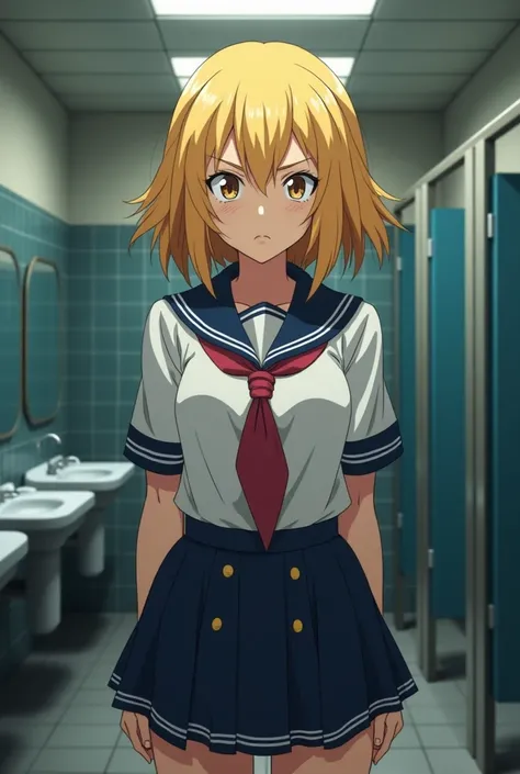 mean blonde anime girl in the school bathroom 