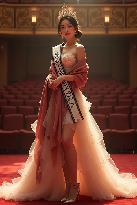  A beautiful asian woman with french twist hair wears a long frilly dress,  wears the crown of miss universe on her head , wears shoes high heels , in an auditorium wearing a shawl inscribed "MISS UNIVERSE 2024 " 