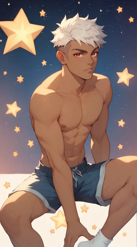 Handsome boy， tanned skin， naked body，Sitting on a meteorite，Stars，warm red eyes，Stars background， shorts，white short socks