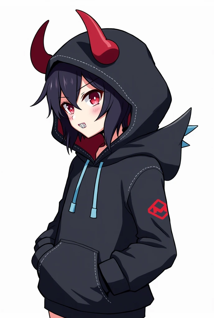 A stylized anime-style character wearing a hoodie designed as a monster. The hoodie features sharp, curved horns extending outward, adding a fierce and dynamic element. The character is facing slightly to the left, with their intense, mischievous expressio...