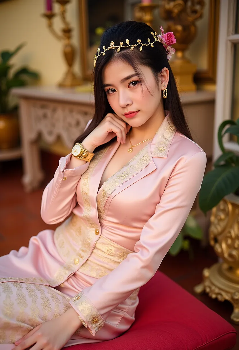 EmpressofAyodhaya,detail dress ,A serene Thai woman dressed in pastel pink silk wrap top and a golden brocade skirt, adorned with delicate floral patterns. Her hair is styled in an elaborate high bun decorated with gold accessories, complemented by intrica...