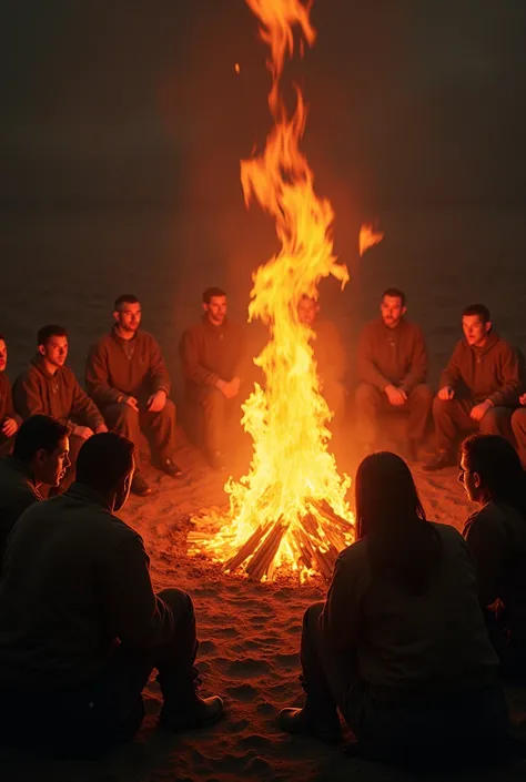 Des personnes assises tout autour d’un feu ardent, leurs visages froids ou indifférents, avec une atmosphère de cruauté et dabsence dempathie.
