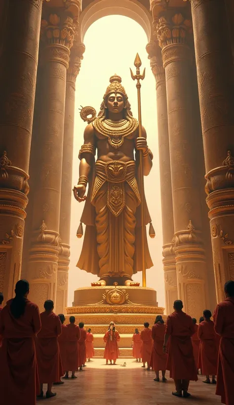 "Create an image of Lord Murugans Navabaasanam statue being revered by devotees in a traditional Tamil Nadu-style temple. The statue of Murugan should be grand and majestic, standing on a pedestal inside the temple, with intricate carvings of peacocks, lot...