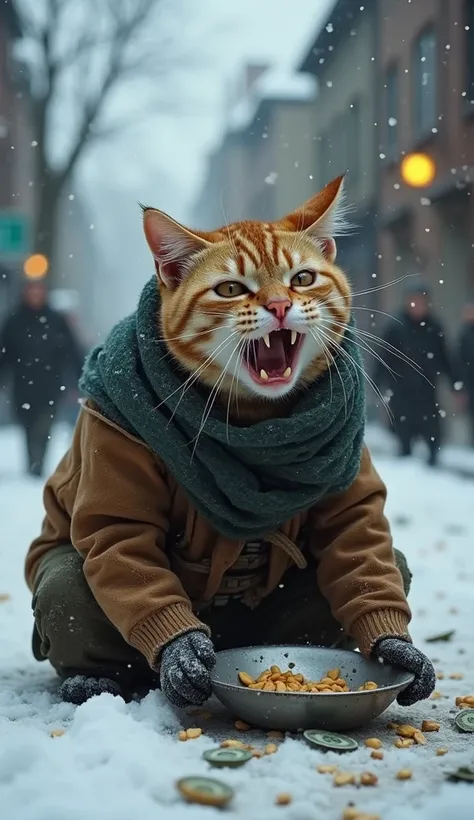  A cat in shabby clothes is begging on the street， and the snow suddenly starts  ，The cat cries loudly  ，  with tears in her eyes  ， Sit on your knees ，Putting cat food in a broken bowl ， Other cats are using money to help begging cats  ， actual ， detailed...