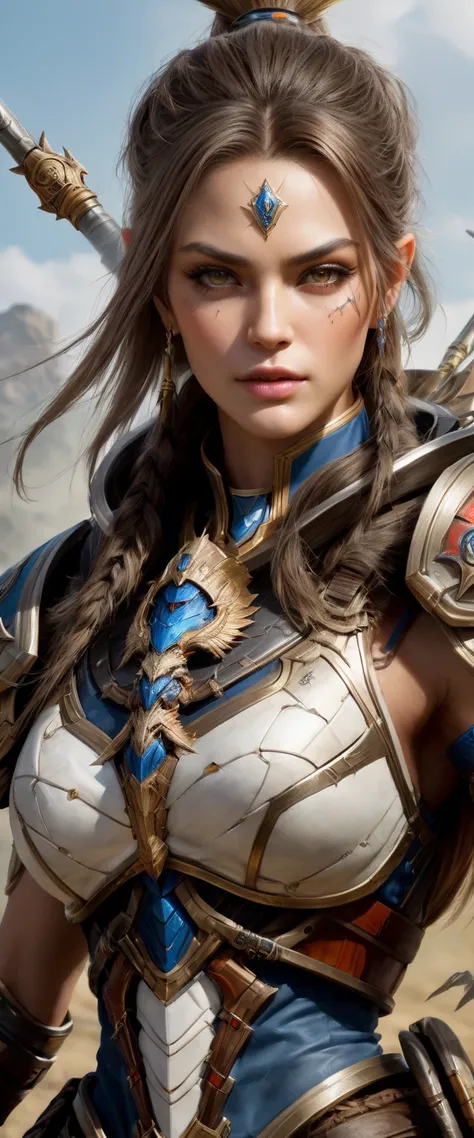 makro, a beautiful woman, determined face, wear Warcraft soldier outfit, carrying a long spear, riding a bee in middle of battlefield, scene battlefield in background, complexity element, fullaction, ultra realistic, perfect anatomy, UHD, 32K