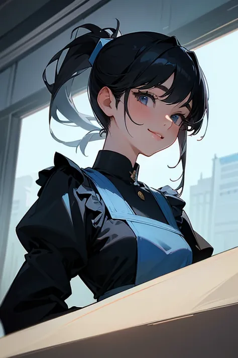 (     highest resolution,   clear  _image)、(      top quality).single, One woman, Alone,   Masterpiece  , ((     ponytail)). semi-realistic ,        black hair のショートヘア,        black hair , bangs, 18 years old,   mature, light blue uniform, uniform,  kind, ...