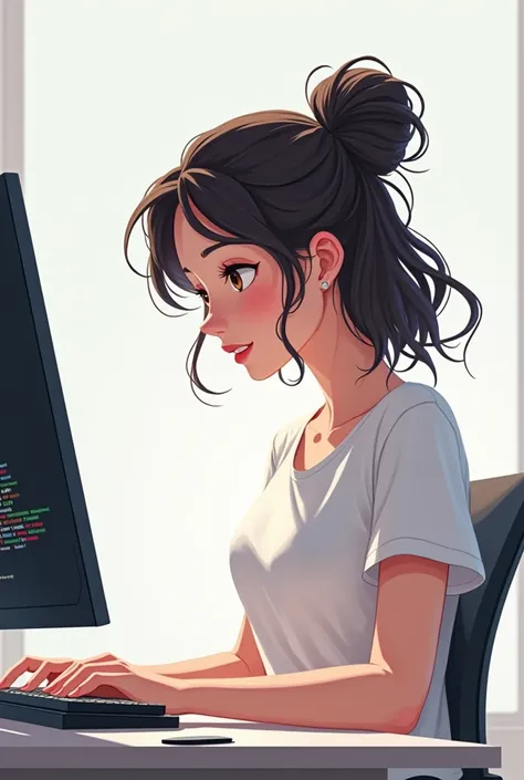 mujer blanCa dibujo anime  no ve direCtamente a la Camara programando en C,C++,java ,HTML,Phyton 
