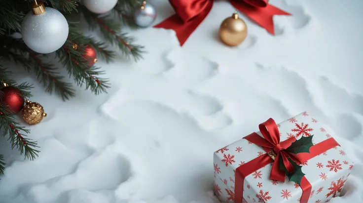 a white wallpaper with Christmas decorations on the shore as a frame