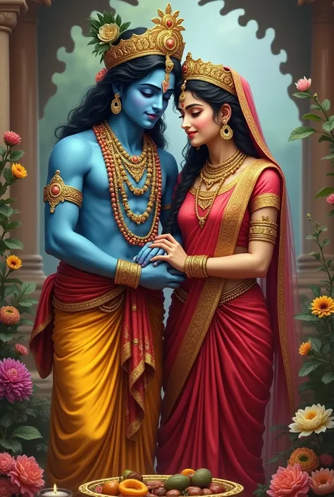 As ren Create a divine image of Hindu God krishna and radhe his  . Krishna is depicted wearing traditional Indian attire, a yellow dhoti, a crown, and ornate jewelry, with his skin in a beautiful blue shade and a charming face. Beside him is a plate of , w...